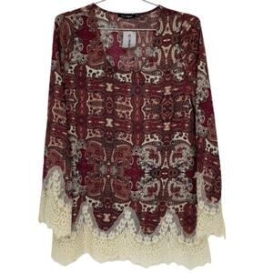Blu Pepper Paisley Lace Scoop Neck Long Bell Sleeve Red Tunic Top